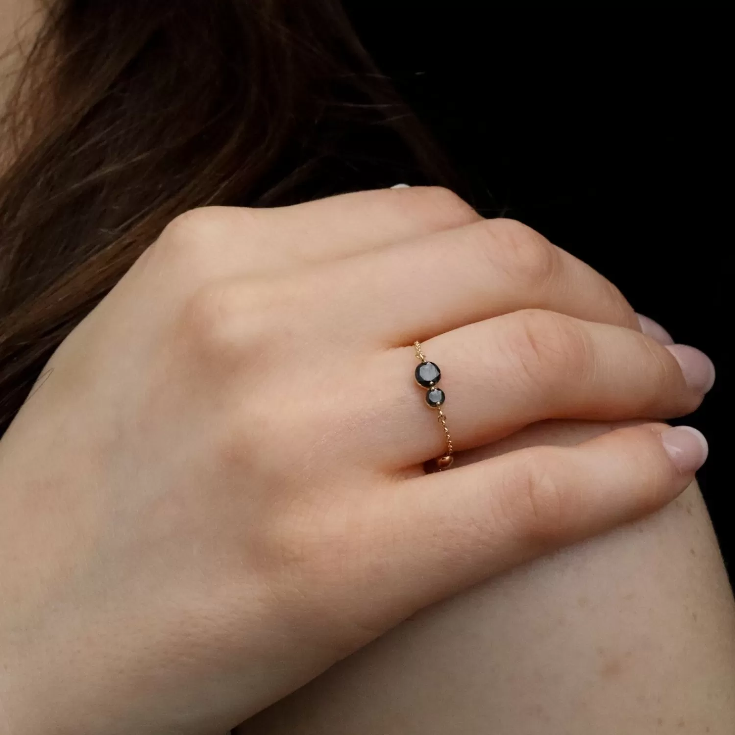 The Alkemistry Black Magic - 18Ct Gold, Double Black Diamond Adjustable Chain Ring Clearance