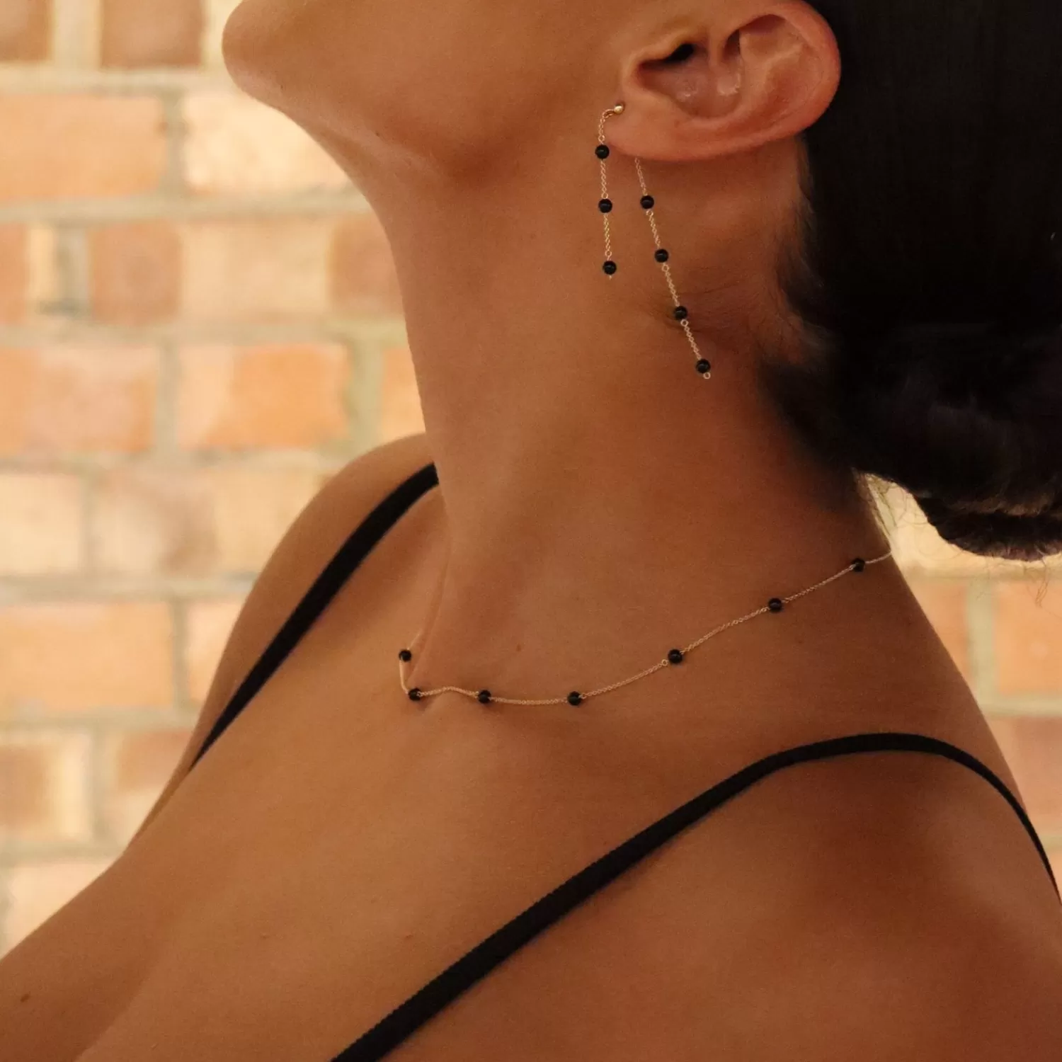The Alkemistry Boba - 18Ct Gold, Black Onyx Bead And Chain Double Earring (Pair) Flash Sale