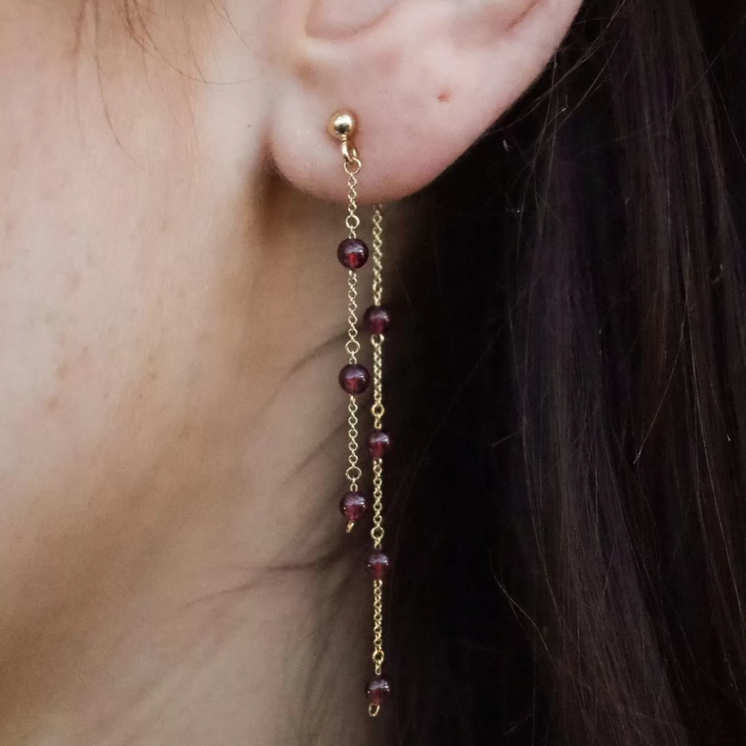 The Alkemistry Boba - 18Ct Gold, Garnet Bead And Chain Double Earring (Pair) Hot