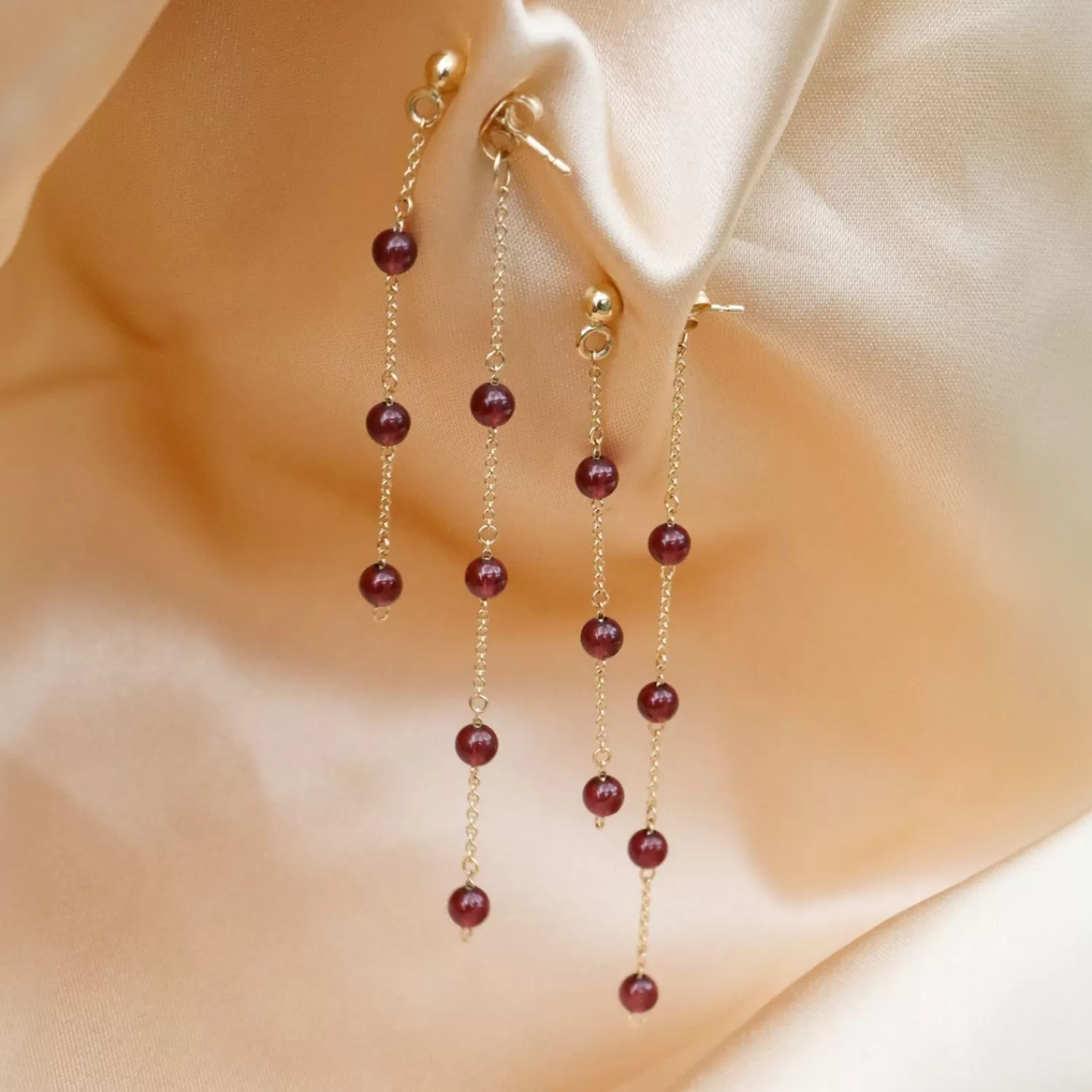 The Alkemistry Boba - 18Ct Gold, Garnet Bead And Chain Double Earring (Pair) Hot