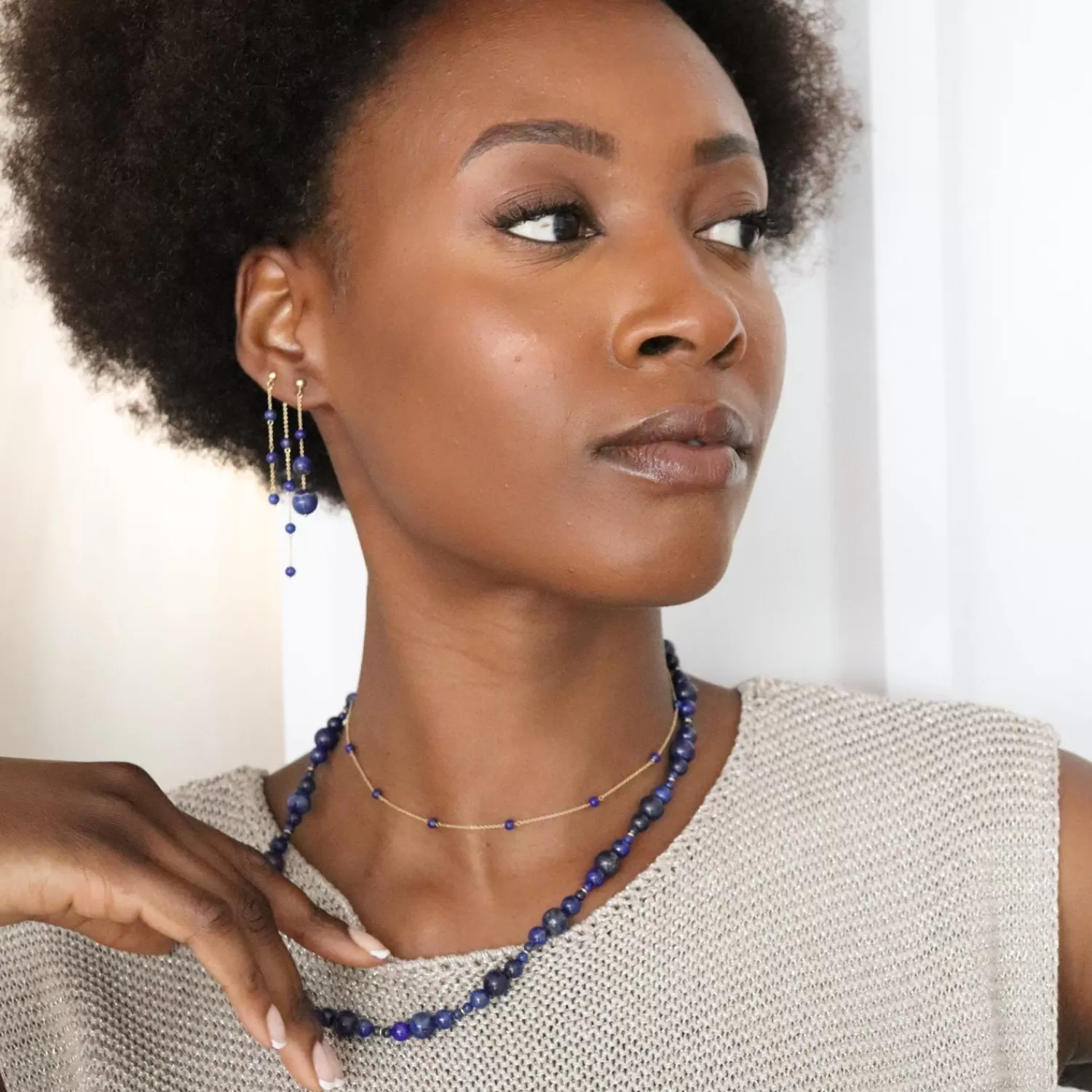 The Alkemistry Boba - 18Ct Gold, Lapis Bead And Chain Double Earring (Pair) Sale