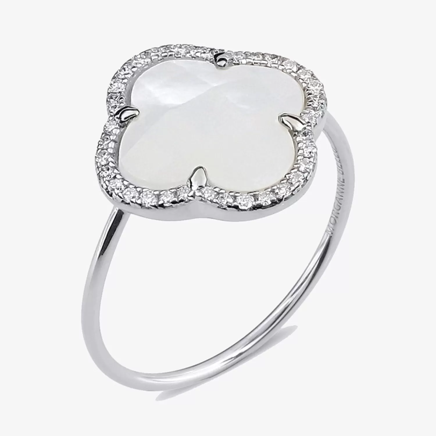 The Alkemistry Morganne Bello 18Ct White Gold Victoria Clover Diamond Mother Of Pearl Ring New