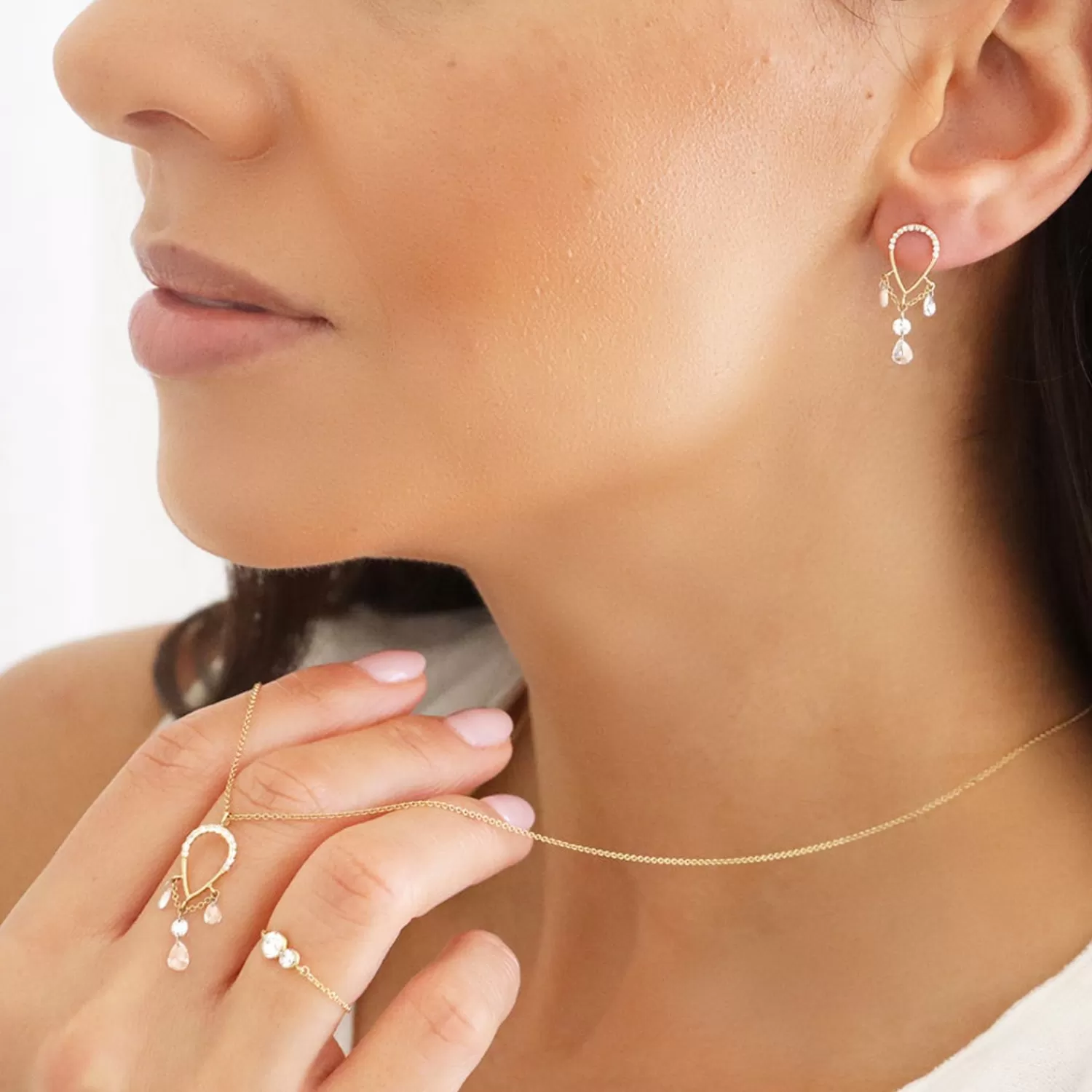The Alkemistry Suncatcher - 18Ct Gold, Pave Pear Triple Pear & Round Drop Necklace Sale